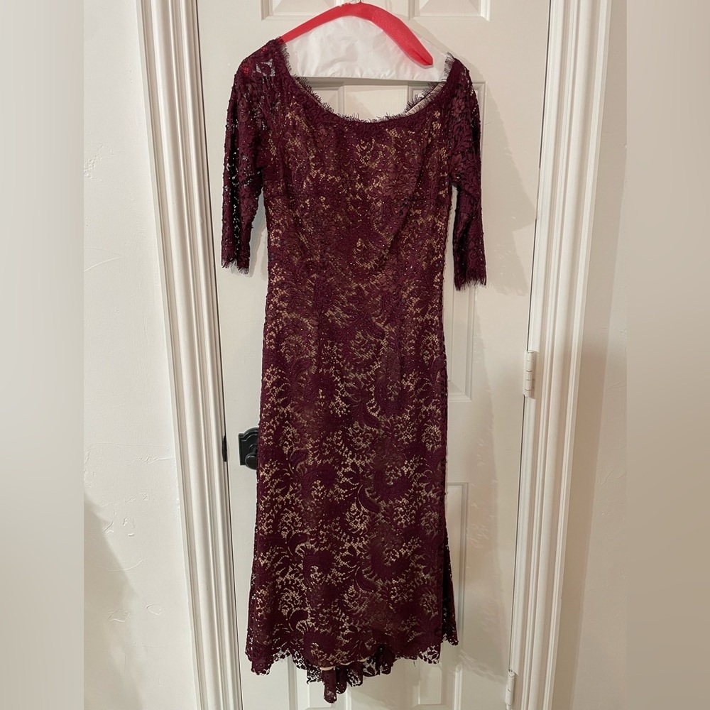 Jovani Maroon Lace Midi Dress